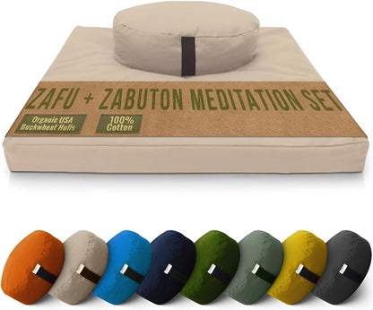 Meditation Cushion Mat Set - Zafu Floor Pillow Organic Buckwheat Pillow + Cotton Filled Zabuton Prayer Pad - Meditation Pillow Yoga Knee Pad - Made in USA - 14" Round or 18" Oval