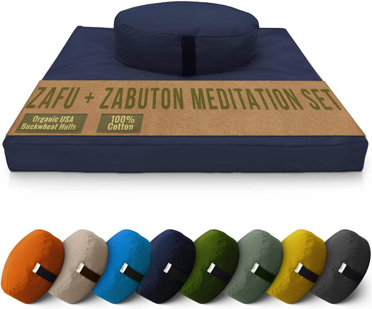 Meditation Cushion Mat Set - Zafu Floor Pillow Organic Buckwheat Pillow + Cotton Filled Zabuton Prayer Pad - Meditation Pillow Yoga Knee Pad - Made in USA - 14" Round or 18" Oval