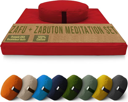 Meditation Cushion Mat Set - Zafu Floor Pillow Organic Buckwheat Pillow + Cotton Filled Zabuton Prayer Pad - Meditation Pillow Yoga Knee Pad - Made in USA - 14" Round or 18" Oval