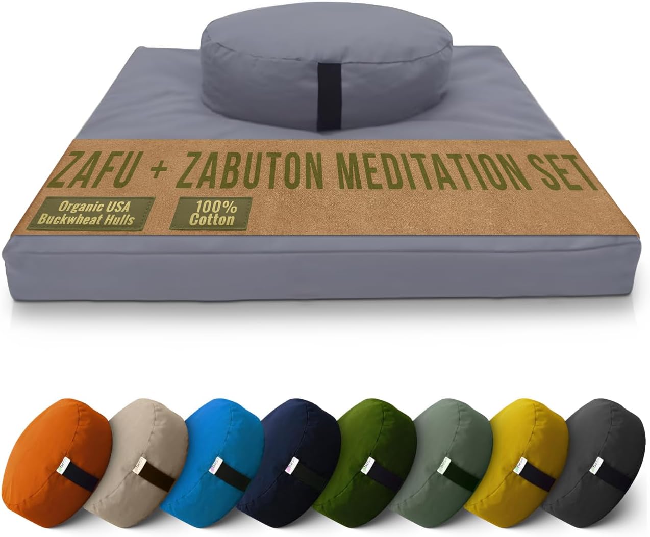 Meditation Cushion Mat Set - Zafu Floor Pillow Organic Buckwheat Pillow + Cotton Filled Zabuton Prayer Pad - Meditation Pillow Yoga Knee Pad - Made in USA - 14" Round or 18" Oval