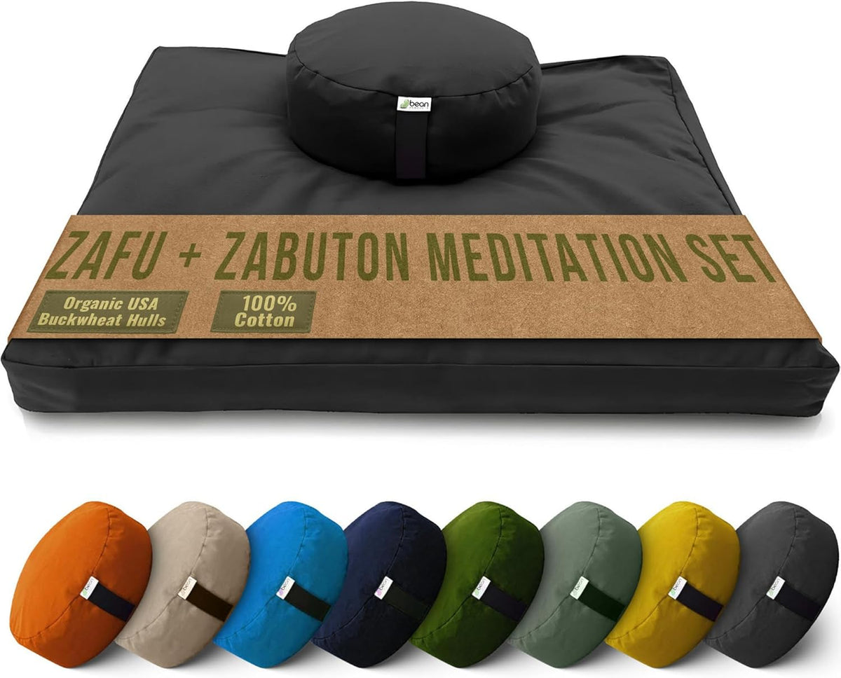 Meditation Cushion Mat Set - Zafu Floor Pillow Organic Buckwheat Pillow + Cotton Filled Zabuton Prayer Pad - Meditation Pillow Yoga Knee Pad - Made in USA - 14" Round or 18" Oval