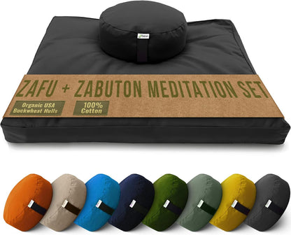 Meditation Cushion Mat Set - Zafu Floor Pillow Organic Buckwheat Pillow + Cotton Filled Zabuton Prayer Pad - Meditation Pillow Yoga Knee Pad - Made in USA - 14" Round or 18" Oval