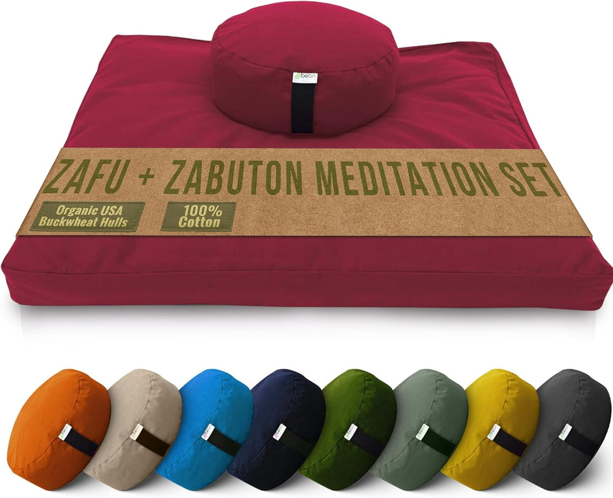 Meditation Cushion Mat Set - Zafu Floor Pillow Organic Buckwheat Pillow + Cotton Filled Zabuton Prayer Pad - Meditation Pillow Yoga Knee Pad - Made in USA - 14" Round or 18" Oval