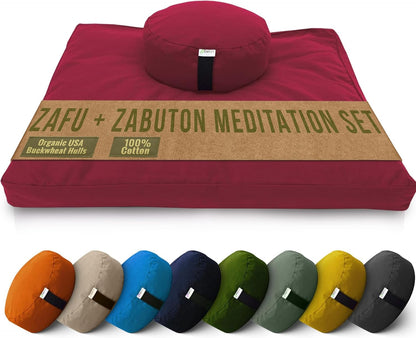Meditation Cushion Mat Set - Zafu Floor Pillow Organic Buckwheat Pillow + Cotton Filled Zabuton Prayer Pad - Meditation Pillow Yoga Knee Pad - Made in USA - 14" Round or 18" Oval