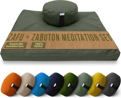 Meditation Cushion Mat Set - Zafu Floor Pillow Organic Buckwheat Pillow + Cotton Filled Zabuton Prayer Pad - Meditation Pillow Yoga Knee Pad - Made in USA - 14" Round or 18" Oval