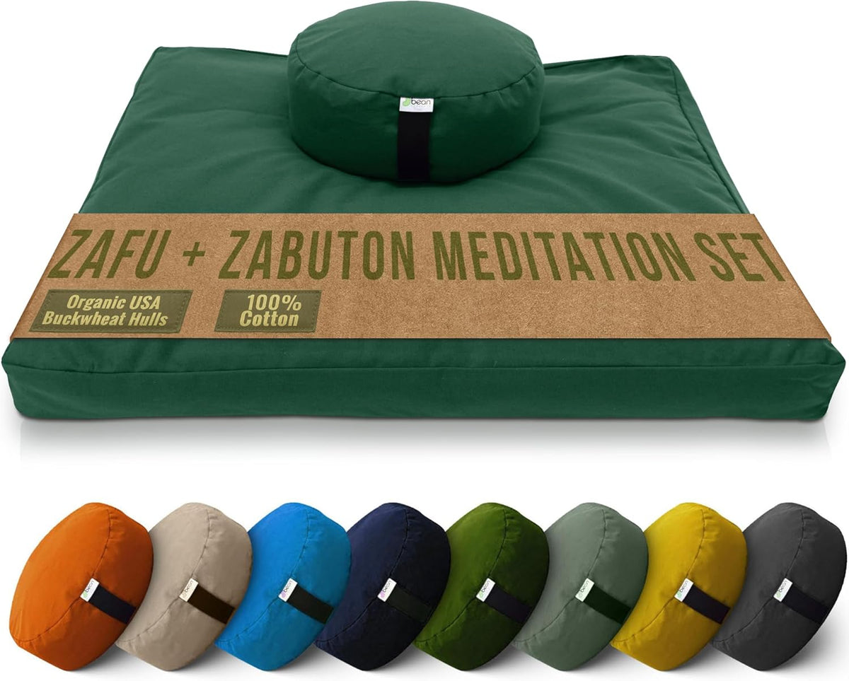 Meditation Cushion Mat Set - Zafu Floor Pillow Organic Buckwheat Pillow + Cotton Filled Zabuton Prayer Pad - Meditation Pillow Yoga Knee Pad - Made in USA - 14" Round or 18" Oval