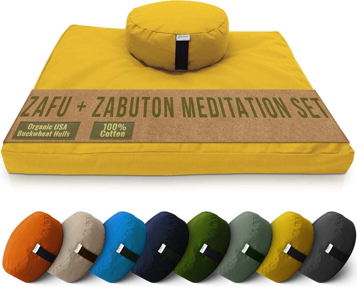 Meditation Cushion Mat Set - Zafu Floor Pillow Organic Buckwheat Pillow + Cotton Filled Zabuton Prayer Pad - Meditation Pillow Yoga Knee Pad - Made in USA - 14" Round or 18" Oval