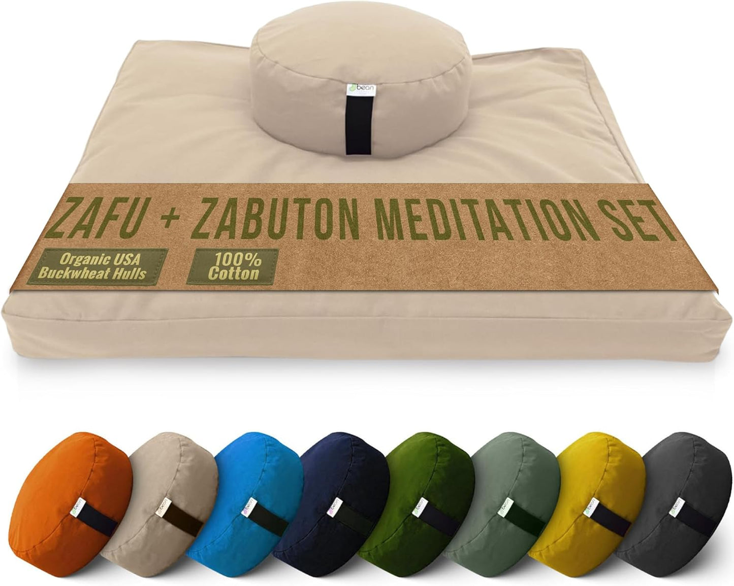 Meditation Cushion Mat Set - Zafu Floor Pillow Organic Buckwheat Pillow + Cotton Filled Zabuton Prayer Pad - Meditation Pillow Yoga Knee Pad - Made in USA - 14" Round or 18" Oval