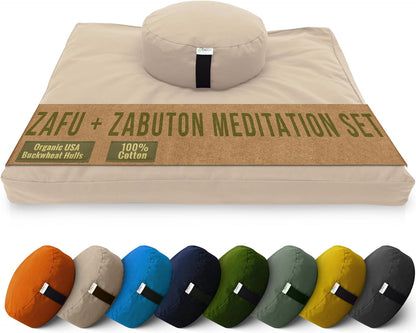 Meditation Cushion Mat Set - Zafu Floor Pillow Organic Buckwheat Pillow + Cotton Filled Zabuton Prayer Pad - Meditation Pillow Yoga Knee Pad - Made in USA - 14" Round or 18" Oval
