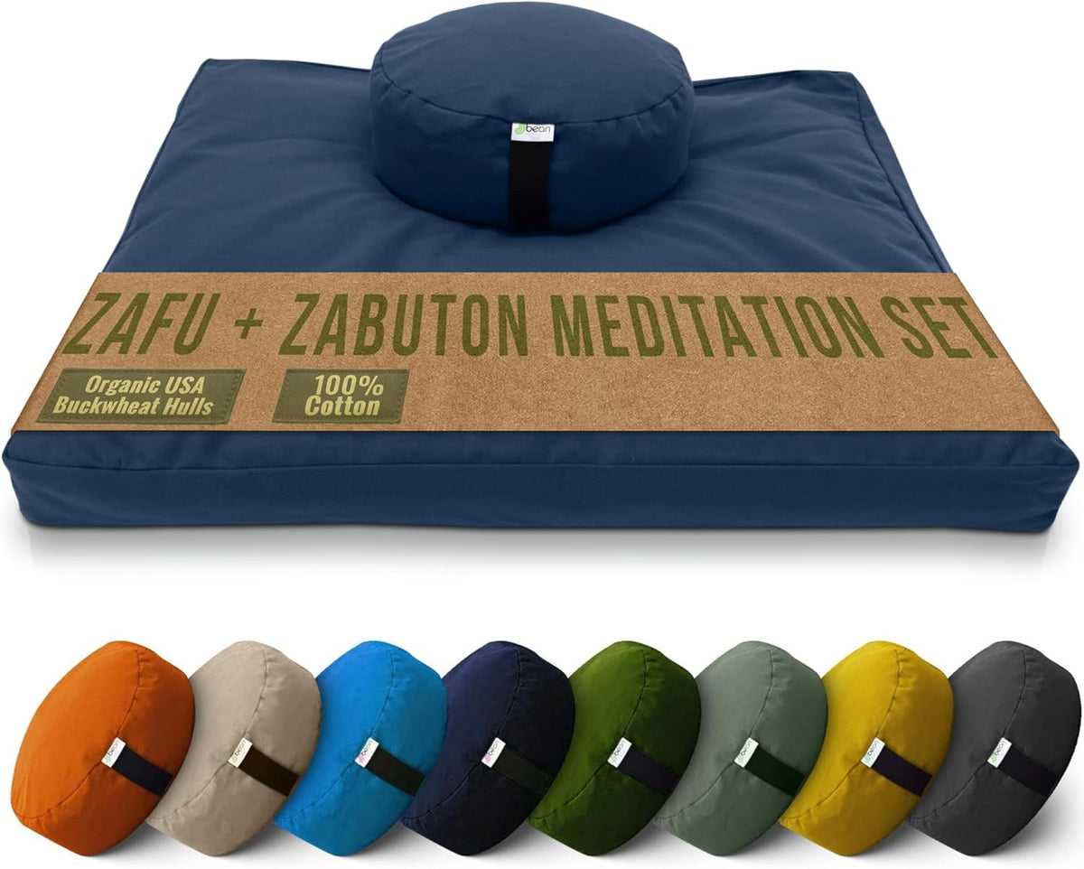 Meditation Cushion Mat Set - Zafu Floor Pillow Organic Buckwheat Pillow + Cotton Filled Zabuton Prayer Pad - Meditation Pillow Yoga Knee Pad - Made in USA - 14" Round or 18" Oval