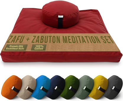 Meditation Cushion Mat Set - Zafu Floor Pillow Organic Buckwheat Pillow + Cotton Filled Zabuton Prayer Pad - Meditation Pillow Yoga Knee Pad - Made in USA - 14" Round or 18" Oval
