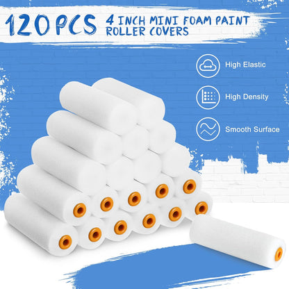 120 Pcs 4 Inch Foam Paint Roller Mini High Density Foam Roller Refills Paint Edger Tool for Walls Brings Smooth Finishes Flat Surfaces (White)