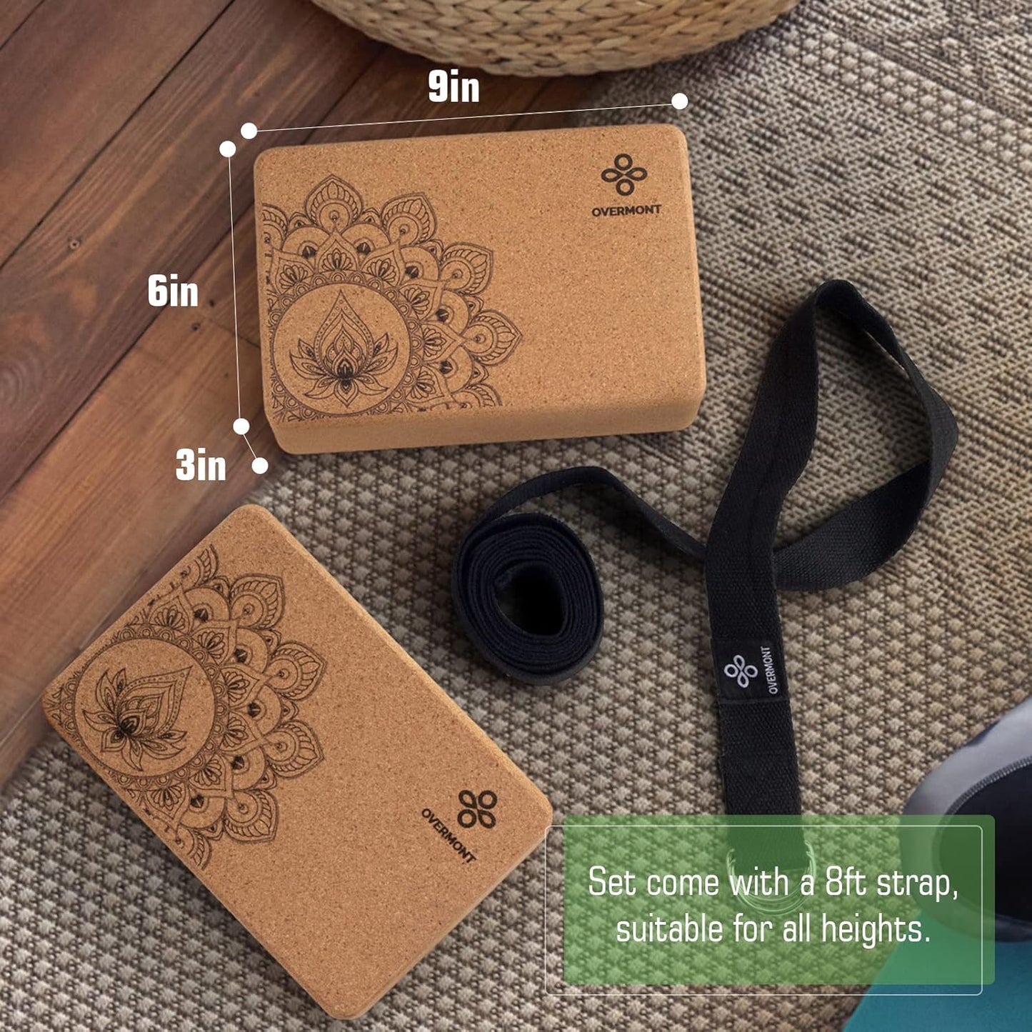 Cork Yoga Blocks 2 pack with 8ft Strap Natural Cork Bricks | High Density & Eco Friendly Yoga Accessories for Women - Ideal for Yoga Pilates General Fitness and Stretching 9x6x3''
