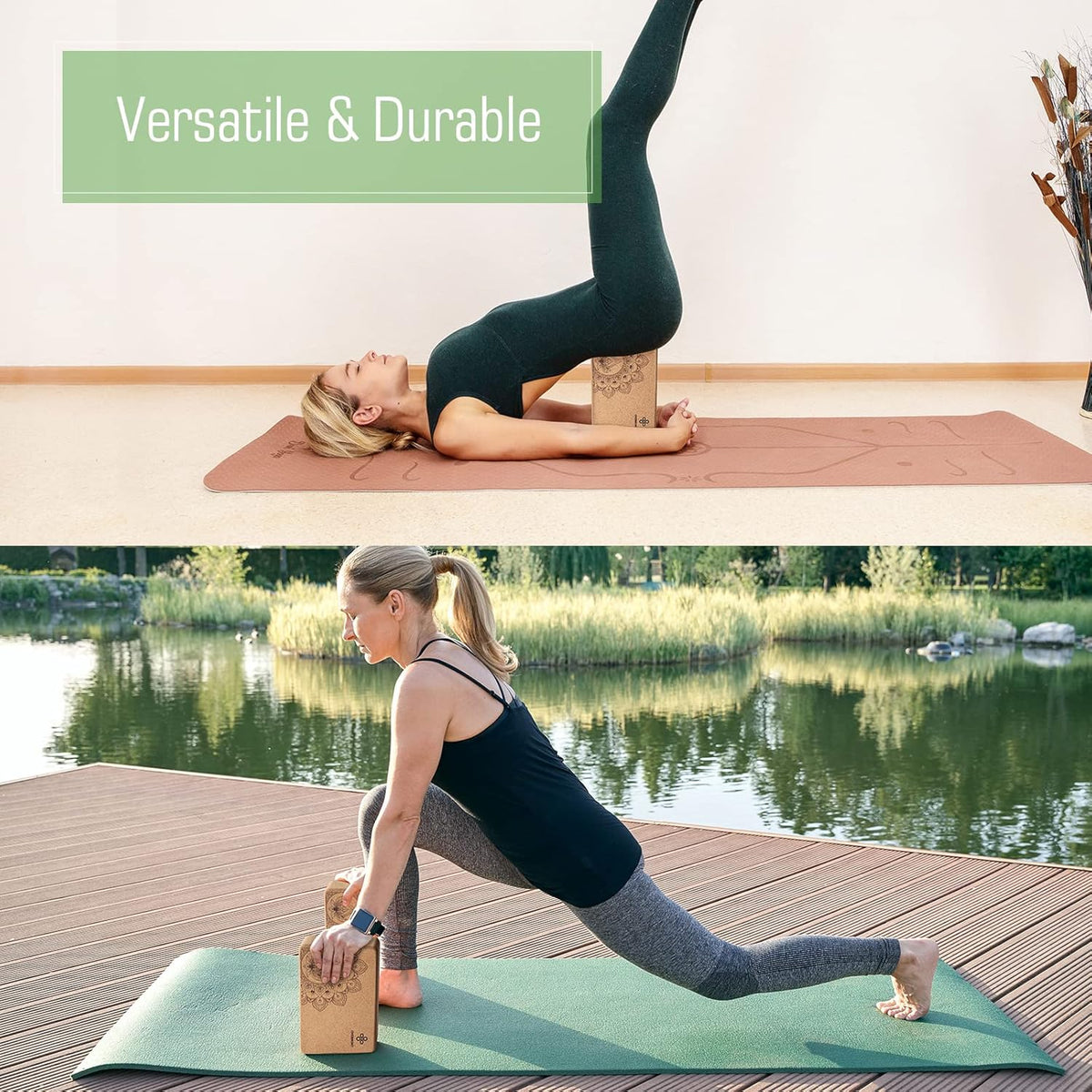 Cork Yoga Blocks 2 pack with 8ft Strap Natural Cork Bricks | High Density & Eco Friendly Yoga Accessories for Women - Ideal for Yoga Pilates General Fitness and Stretching 9x6x3''
