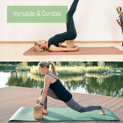 Cork Yoga Blocks 2 pack with 8ft Strap Natural Cork Bricks | High Density & Eco Friendly Yoga Accessories for Women - Ideal for Yoga Pilates General Fitness and Stretching 9x6x3''