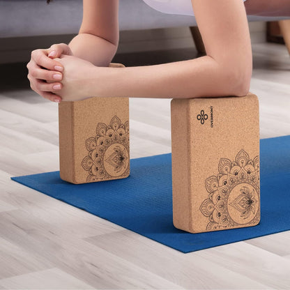 Cork Yoga Blocks 2 pack with 8ft Strap Natural Cork Bricks | High Density & Eco Friendly Yoga Accessories for Women - Ideal for Yoga Pilates General Fitness and Stretching 9x6x3''