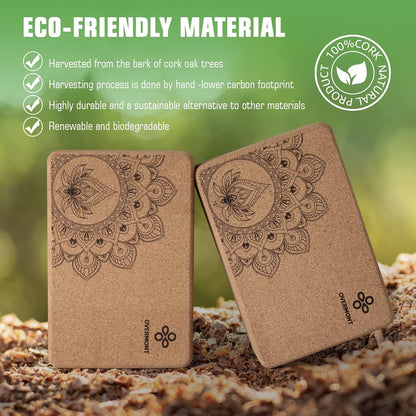 Cork Yoga Blocks 2 pack with 8ft Strap Natural Cork Bricks | High Density & Eco Friendly Yoga Accessories for Women - Ideal for Yoga Pilates General Fitness and Stretching 9x6x3''