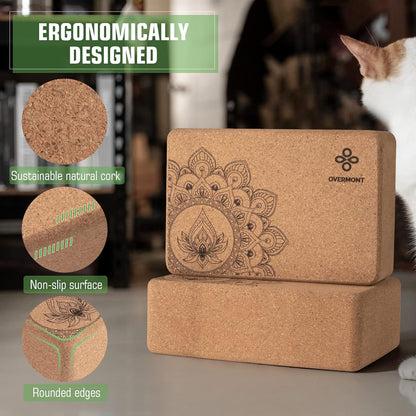 Cork Yoga Blocks 2 pack with 8ft Strap Natural Cork Bricks | High Density & Eco Friendly Yoga Accessories for Women - Ideal for Yoga Pilates General Fitness and Stretching 9x6x3''