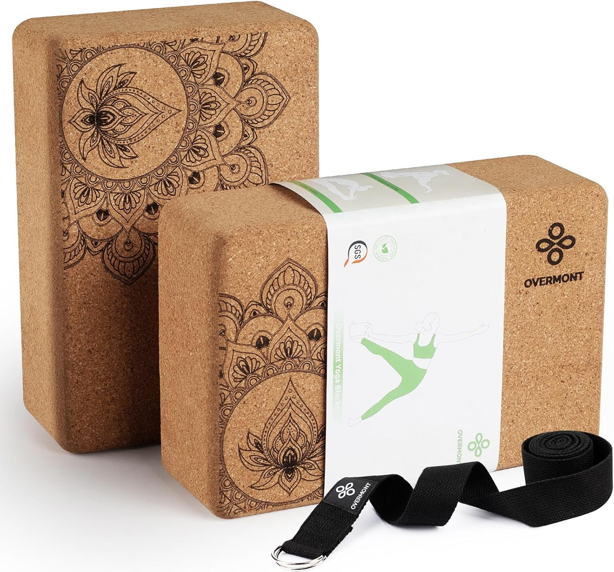 Cork Yoga Blocks 2 pack with 8ft Strap Natural Cork Bricks | High Density & Eco Friendly Yoga Accessories for Women - Ideal for Yoga Pilates General Fitness and Stretching 9x6x3''