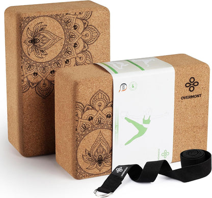 Cork Yoga Blocks 2 pack with 8ft Strap Natural Cork Bricks | High Density & Eco Friendly Yoga Accessories for Women - Ideal for Yoga Pilates General Fitness and Stretching 9x6x3''