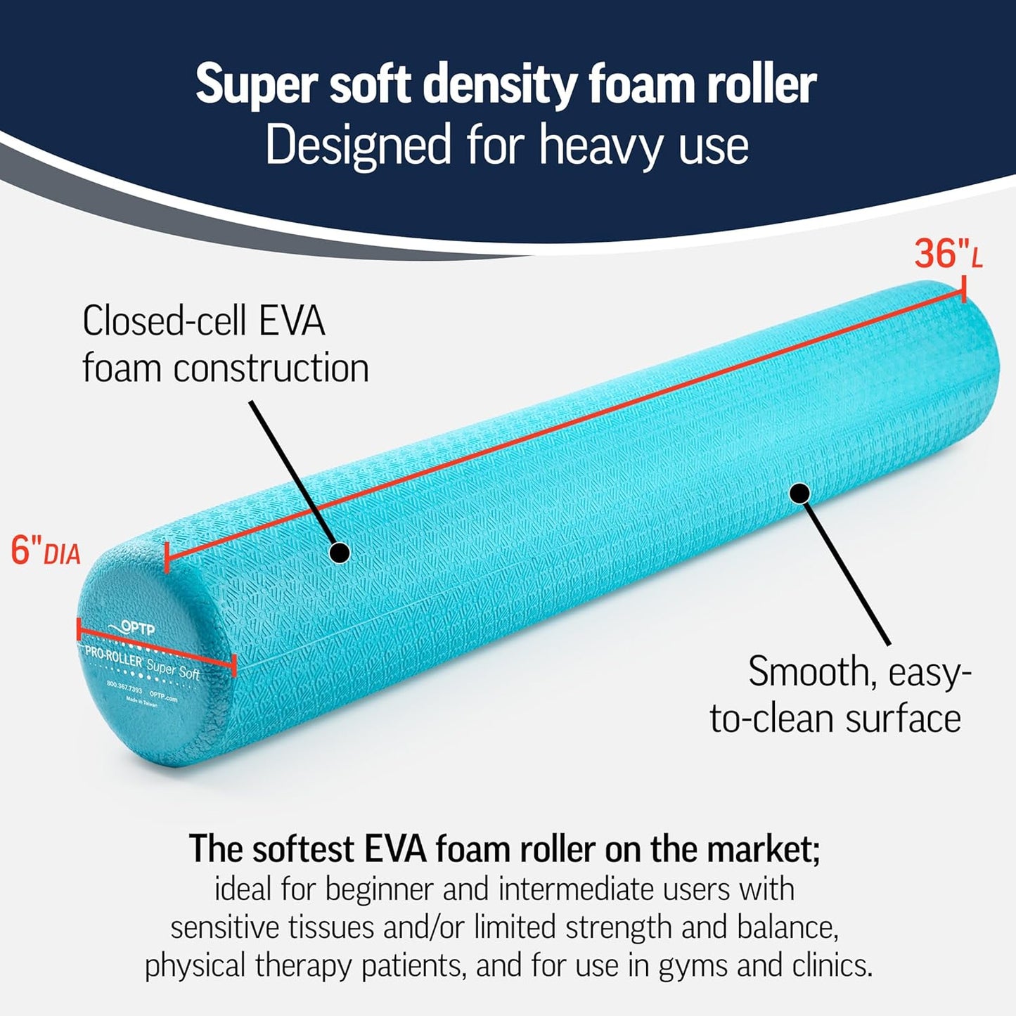 PRO-Roller Super Soft Density Foam Roller – Round, Light Blue, 36"x 6" | Low density foam roller for exercise, gentle massage, and physical therapy, gentle, forgiving compression, 36" x 6" round