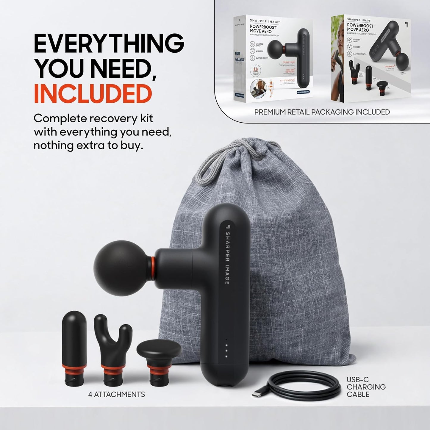 Deep Tissue Percussion Massage Gun, Powerboost Move Evo Hot & Cold Rechargeable Handheld Massager, 4 Adjustable Speeds, 5 Attachment Heads & Carrying Case, for Muscle Pain Relief, Blue