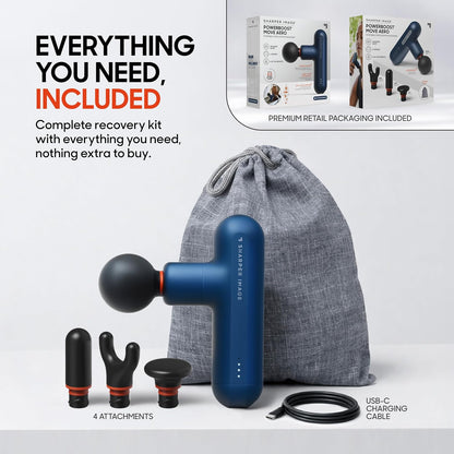Deep Tissue Percussion Massage Gun, Powerboost Move Evo Hot & Cold Rechargeable Handheld Massager, 4 Adjustable Speeds, 5 Attachment Heads & Carrying Case, for Muscle Pain Relief, Blue