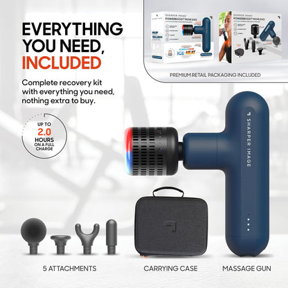 Deep Tissue Percussion Massage Gun, Powerboost Move Evo Hot & Cold Rechargeable Handheld Massager, 4 Adjustable Speeds, 5 Attachment Heads & Carrying Case, for Muscle Pain Relief, Blue
