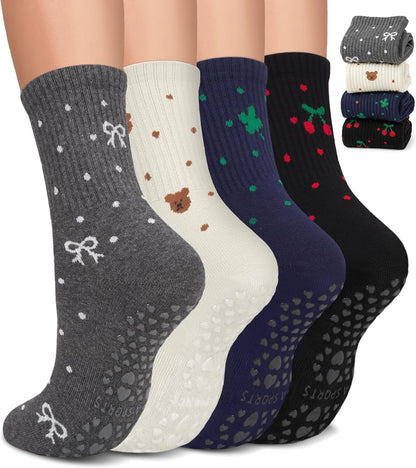 Pilates Socks for Women, Non Slip Grip Socks for Yoga, Barre, Hospital, Grippy Socks Womens Gifts, 4 Pairs