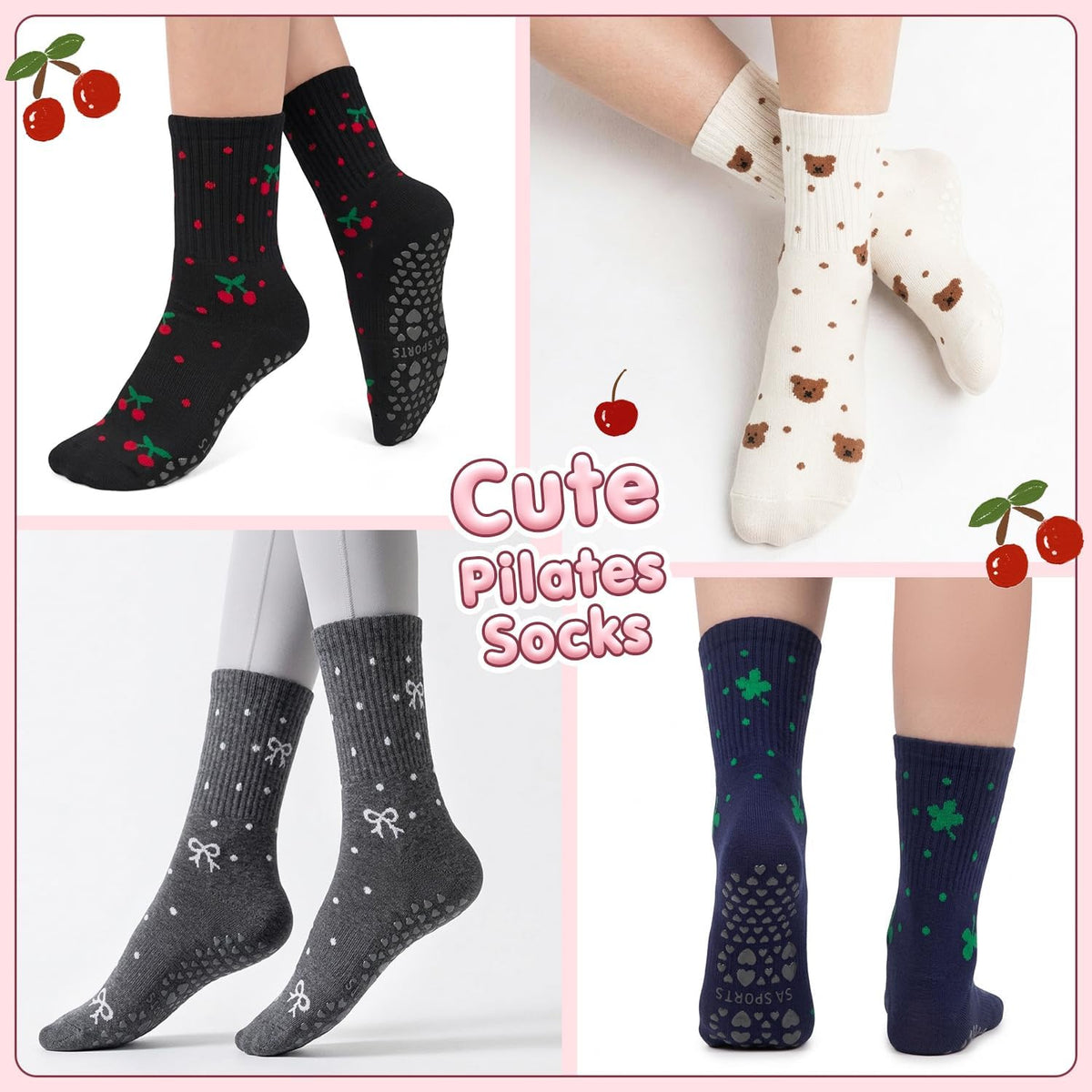 Pilates Socks for Women, Non Slip Grip Socks for Yoga, Barre, Hospital, Grippy Socks Womens Gifts, 4 Pairs