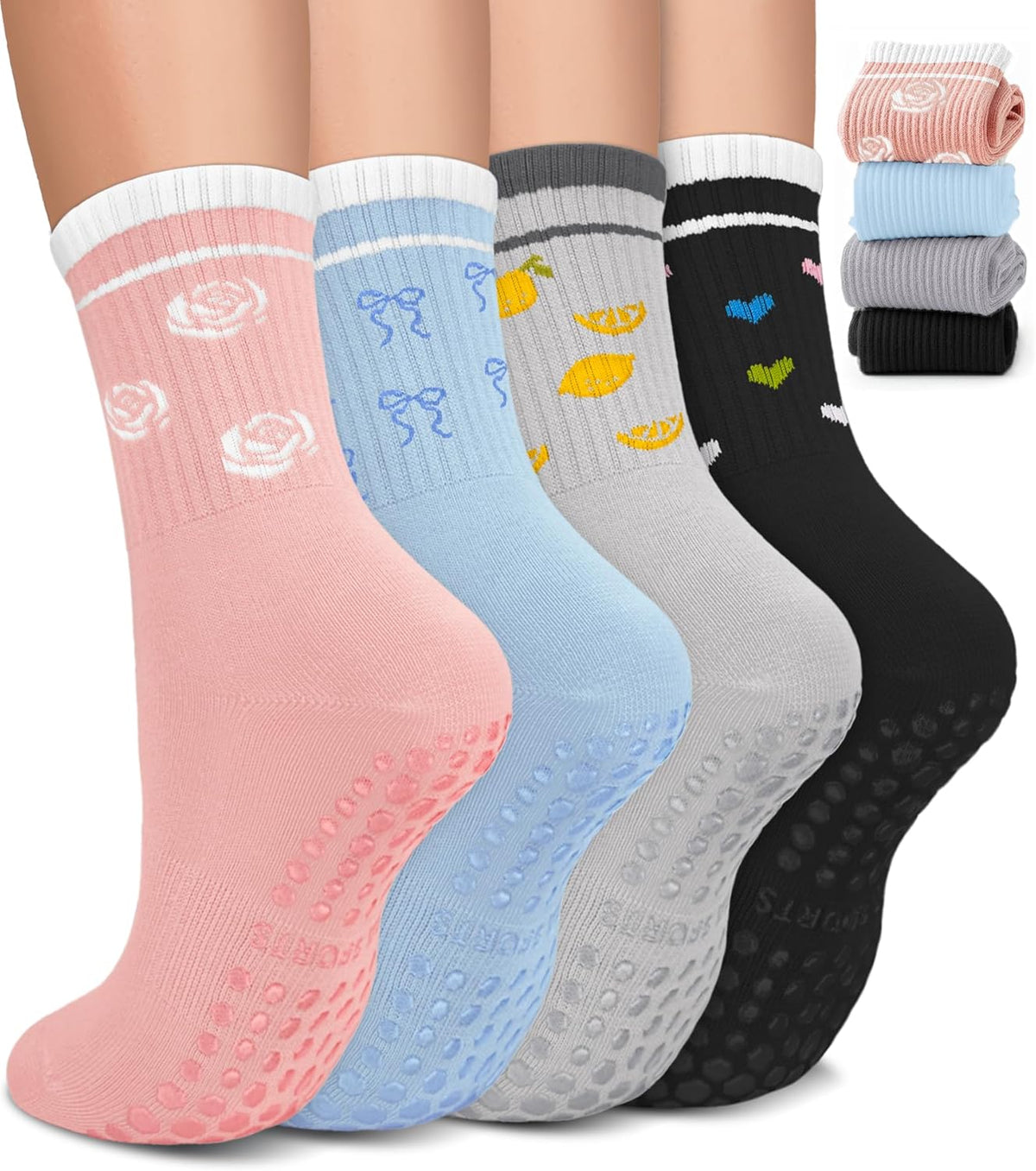 Pilates Socks for Women, Non Slip Grip Socks for Yoga, Barre, Hospital, Grippy Socks Womens Gifts, 4 Pairs
