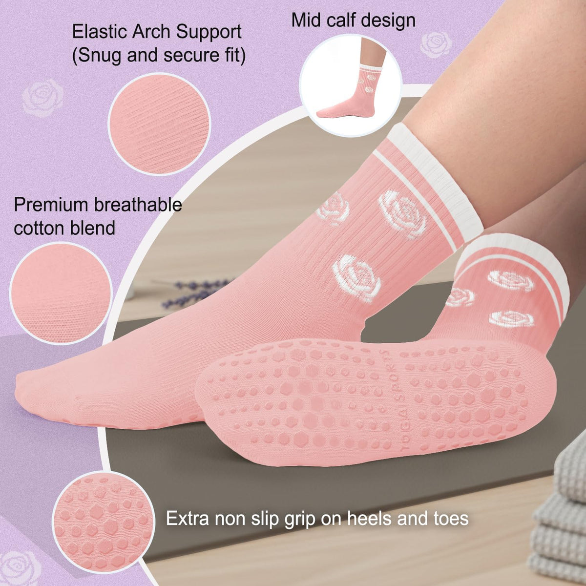 Pilates Socks for Women, Non Slip Grip Socks for Yoga, Barre, Hospital, Grippy Socks Womens Gifts, 4 Pairs