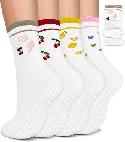 Pilates Socks for Women, Non Slip Grip Socks for Yoga, Barre, Hospital, Grippy Socks Womens Gifts, 4 Pairs