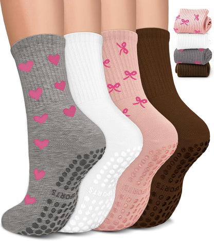 Pilates Socks for Women, Non Slip Grip Socks for Yoga, Barre, Hospital, Grippy Socks Womens Gifts, 4 Pairs