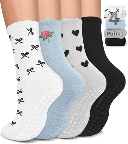 Pilates Socks for Women, Non Slip Grip Socks for Yoga, Barre, Hospital, Grippy Socks Womens Gifts, 4 Pairs