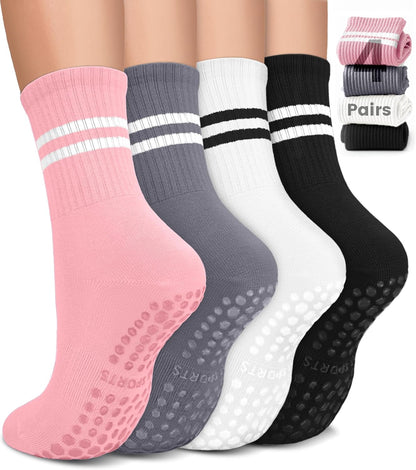 Pilates Socks for Women, Non Slip Grip Socks for Yoga, Barre, Hospital, Grippy Socks Womens Gifts, 4 Pairs