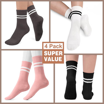 Pilates Socks for Women, Non Slip Grip Socks for Yoga, Barre, Hospital, Grippy Socks Womens Gifts, 4 Pairs