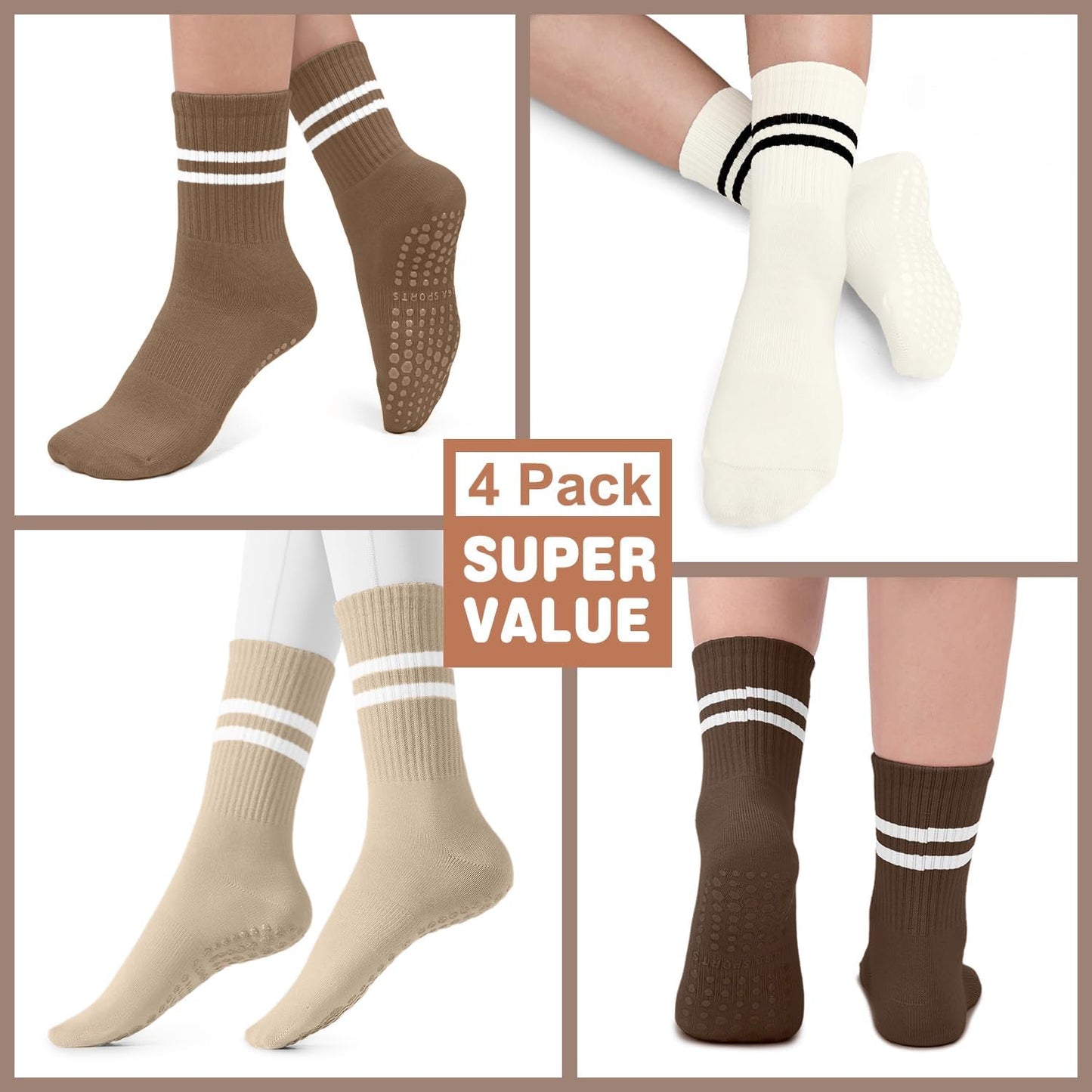 Pilates Socks for Women, Non Slip Grip Socks for Yoga, Barre, Hospital, Grippy Socks Womens Gifts, 4 Pairs