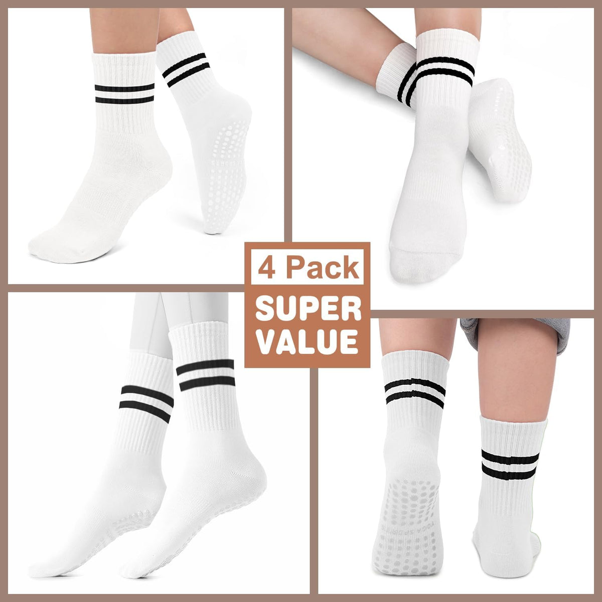 Pilates Socks for Women, Non Slip Grip Socks for Yoga, Barre, Hospital, Grippy Socks Womens Gifts, 4 Pairs