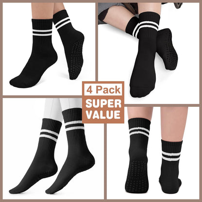 Pilates Socks for Women, Non Slip Grip Socks for Yoga, Barre, Hospital, Grippy Socks Womens Gifts, 4 Pairs