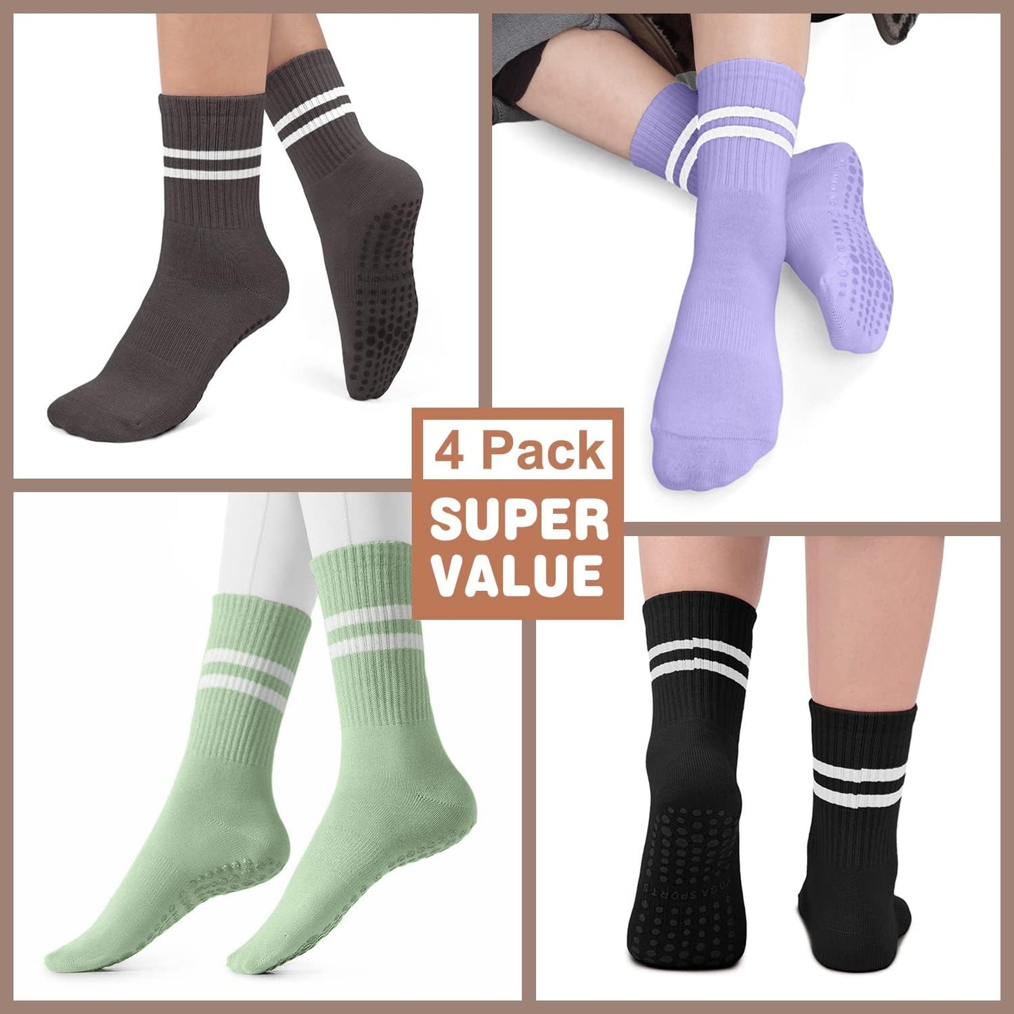 Pilates Socks for Women, Non Slip Grip Socks for Yoga, Barre, Hospital, Grippy Socks Womens Gifts, 4 Pairs