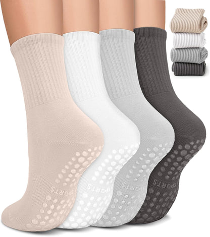 Pilates Socks for Women, Non Slip Grip Socks for Yoga, Barre, Hospital, Grippy Socks Womens Gifts, 4 Pairs