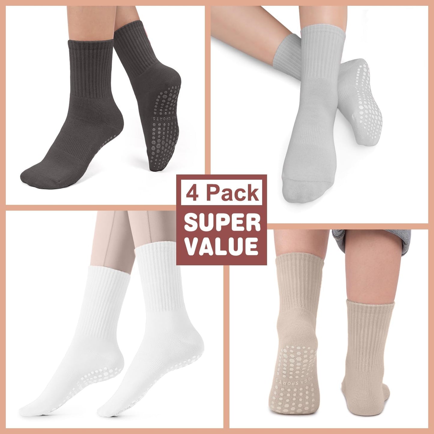 Pilates Socks for Women, Non Slip Grip Socks for Yoga, Barre, Hospital, Grippy Socks Womens Gifts, 4 Pairs