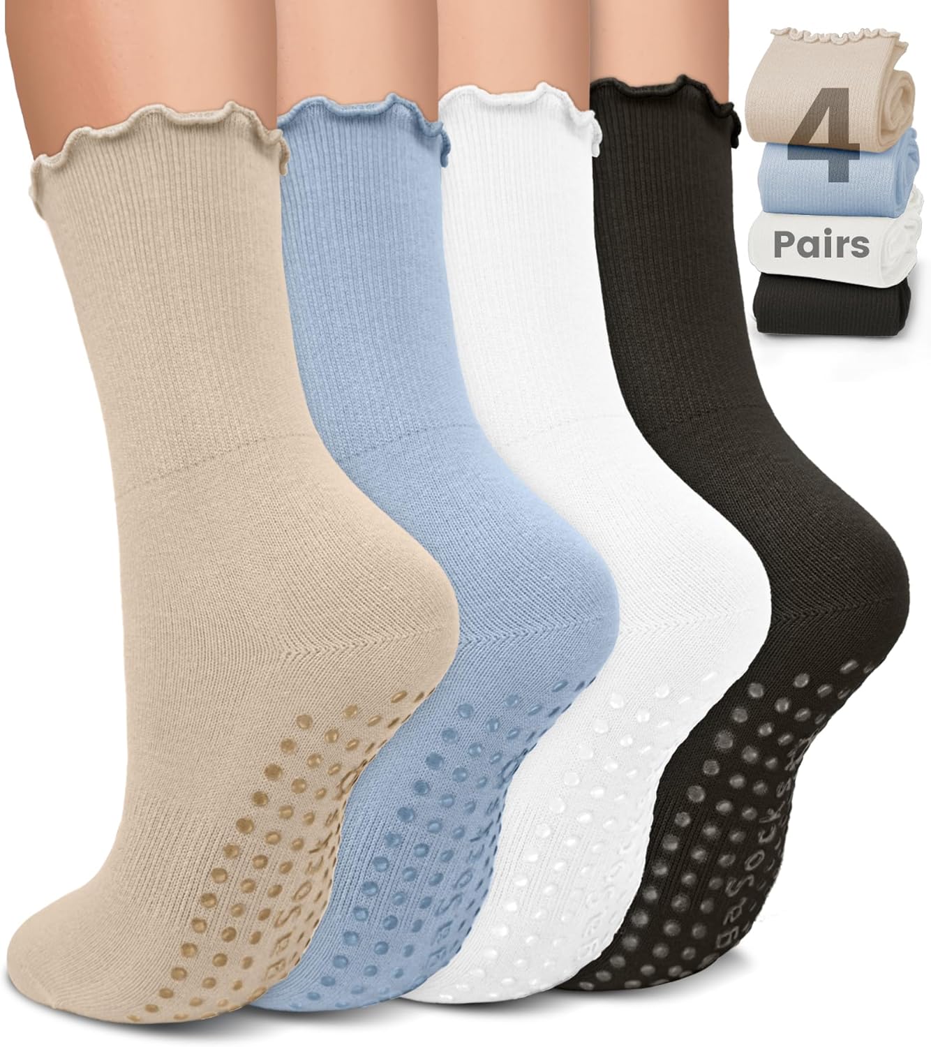 Pilates Socks for Women, Non Slip Grip Socks for Yoga, Barre, Hospital, Grippy Socks Womens Gifts, 4 Pairs