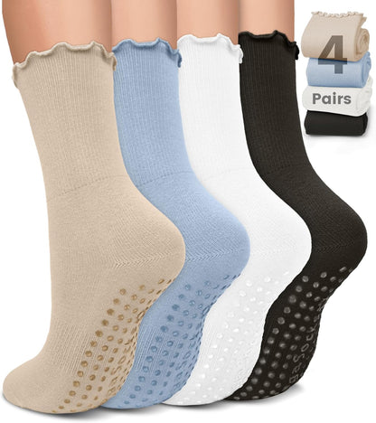 Pilates Socks for Women, Non Slip Grip Socks for Yoga, Barre, Hospital, Grippy Socks Womens Gifts, 4 Pairs