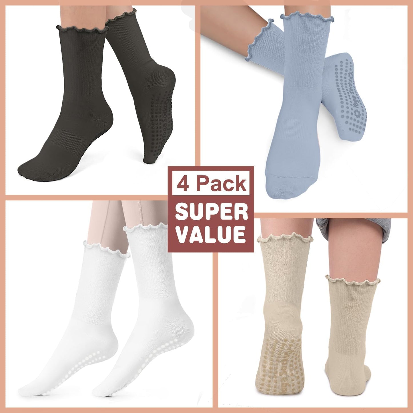 Pilates Socks for Women, Non Slip Grip Socks for Yoga, Barre, Hospital, Grippy Socks Womens Gifts, 4 Pairs