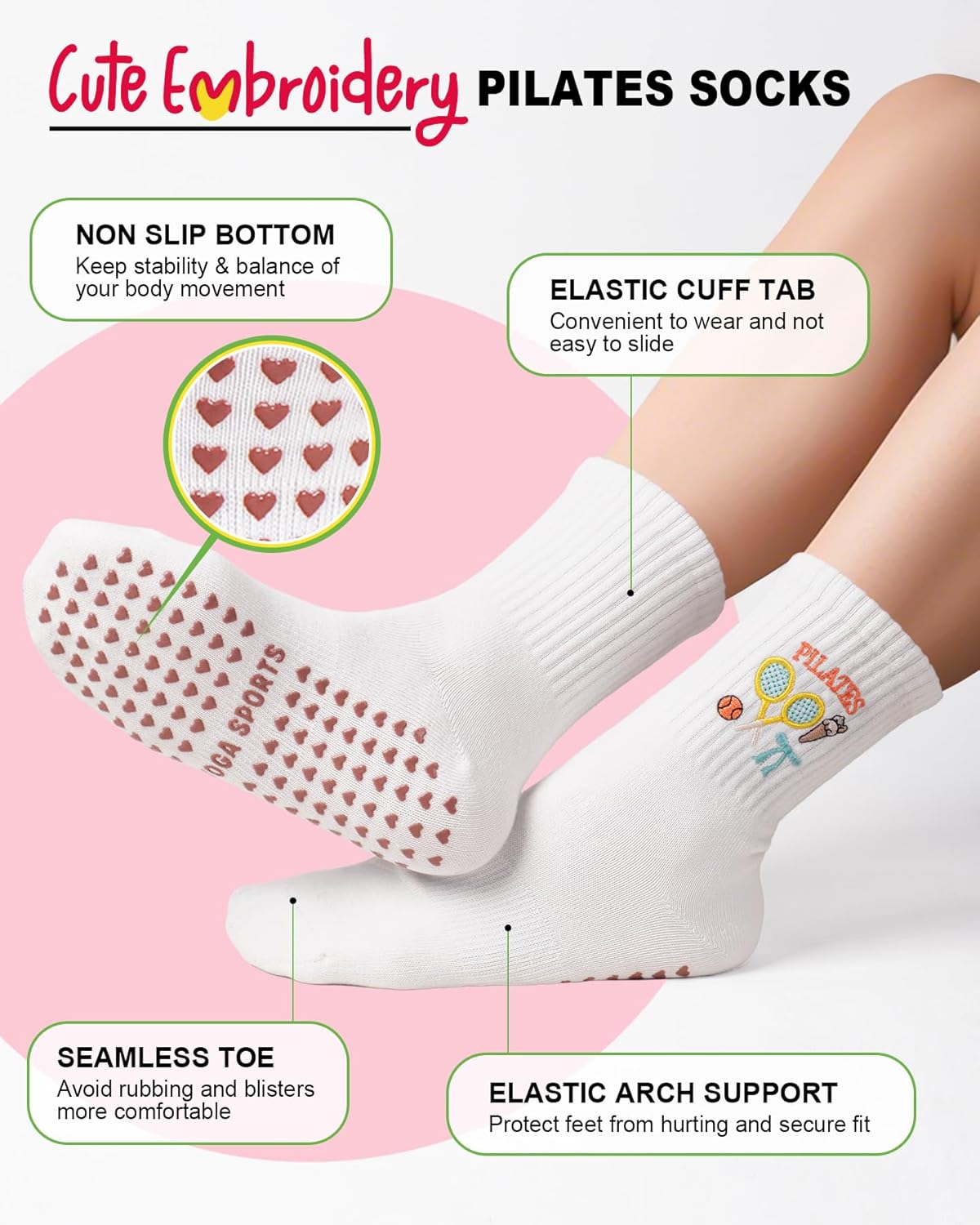 Pilates Socks for Women, Non Slip Grip Socks for Yoga, Barre, Hospital, Grippy Socks Womens Gifts, 4 Pairs