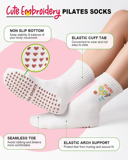 Pilates Socks for Women, Non Slip Grip Socks for Yoga, Barre, Hospital, Grippy Socks Womens Gifts, 4 Pairs