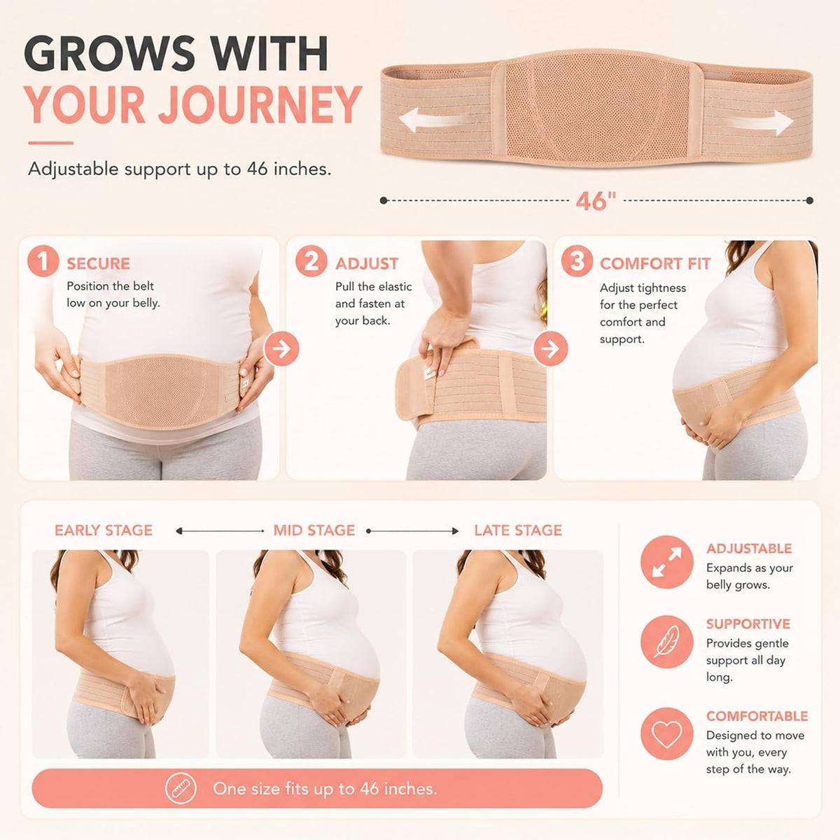 Maternity Belt Back Support - Adjustable Abdominal Binder for Pregnancy - Belly Band for Pelvic, Waist & Lower Back Comfort - Fits Up to 46 Inches - Beige