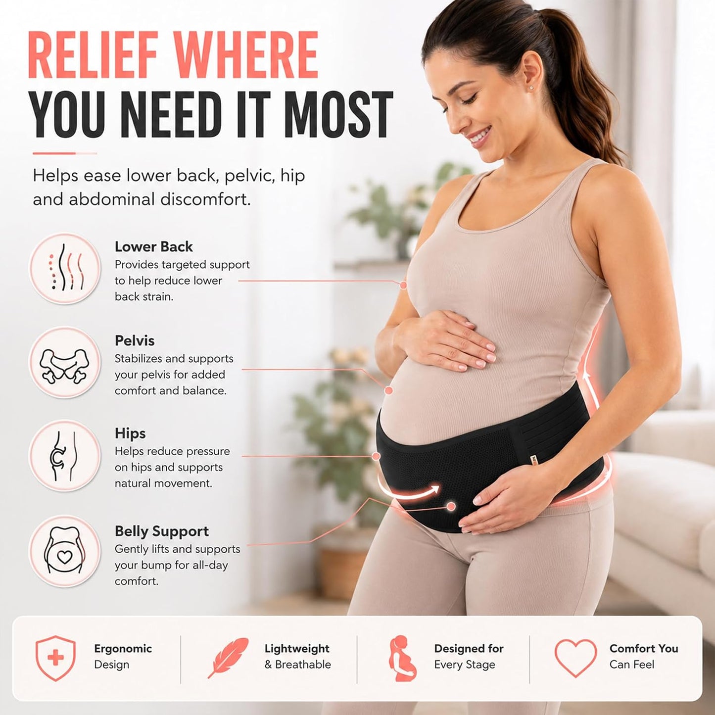 Maternity Belt Back Support - Adjustable Abdominal Binder for Pregnancy - Belly Band for Pelvic, Waist & Lower Back Comfort - Fits Up to 46 Inches - Beige